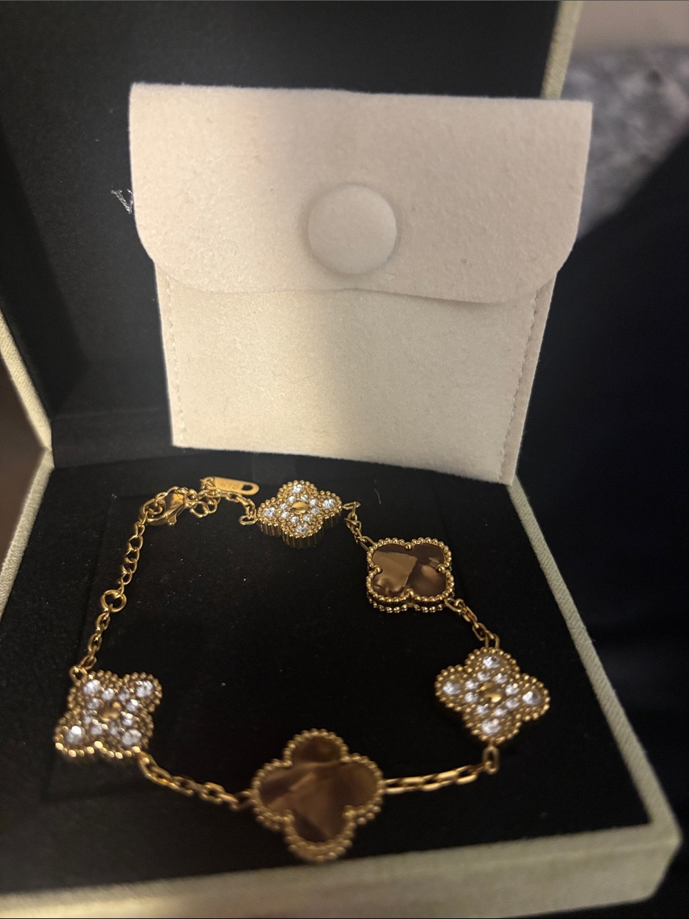 Gold Clover-Link Bracelet with Brown and Crystal Accents
